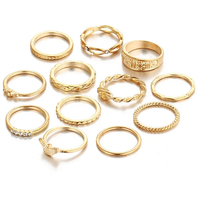 Lot de 12 bagues dorées Style bohème vintage & punk