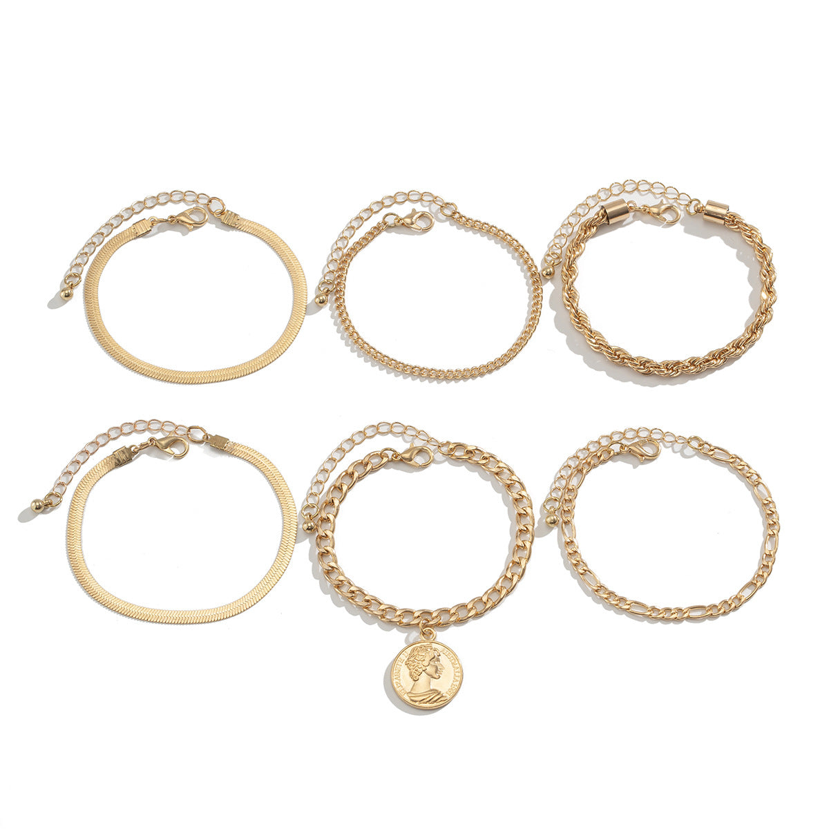 Set de bracelets tendance – Pendentif rond & chaînes serpent plates irrégulières